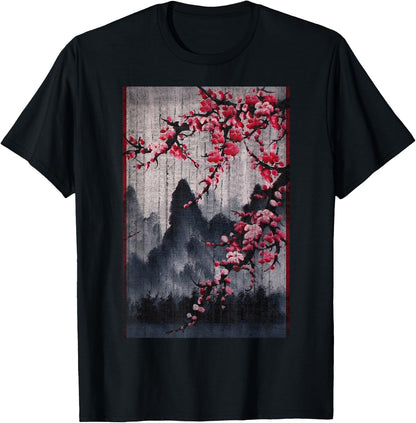Vintage Cherry Blossom Woodblock Japanese Graphical Art T-Shirt