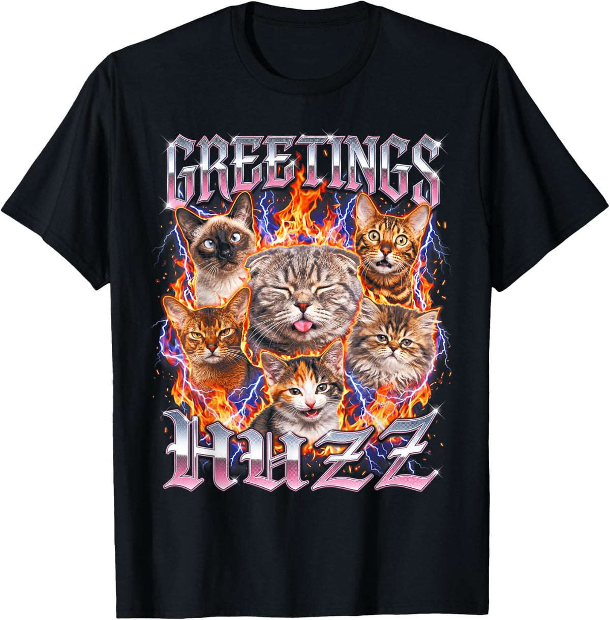 Greetings Huzz Funny Cat Meme Bootleg Vintage Graphic T-Shirt